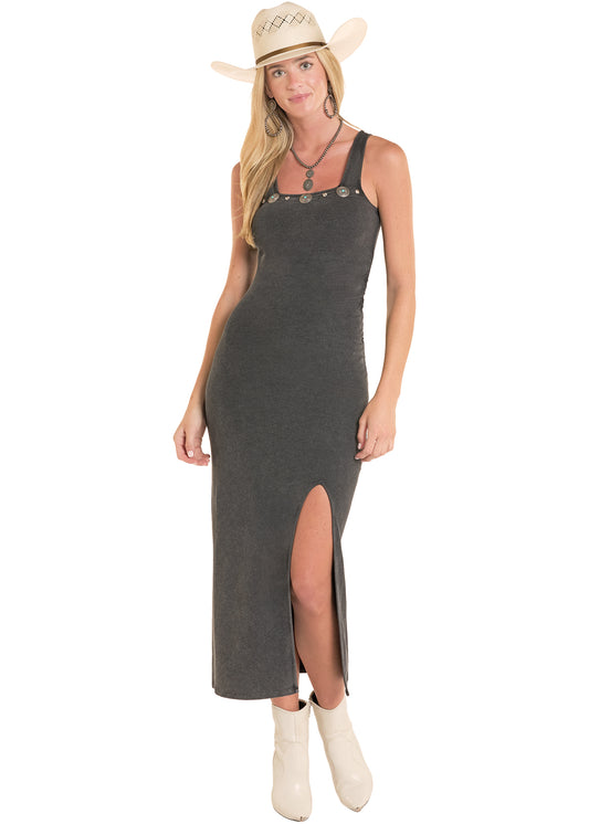 Rock & Roll Cowgirl Women's Black Mineral Wash Concho Accent Ruched Side Slit Tank Maxi Dress BWD0R08804