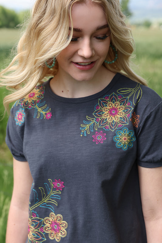 Cruel Girl Denim Women's Charcoal Floral Embroidered Short Sleeve Tee Shirt CTK445003