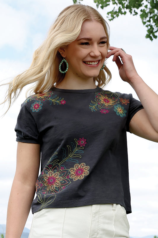 Cruel Girl Denim Women's Charcoal Floral Embroidered Short Sleeve Tee Shirt CTK445003