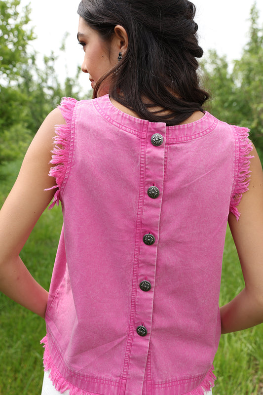 Cruel Girl Denim Pink Mineral Wash Denim Concho Button Back Sleeveless Raw Hem Tank Top CTW7512002