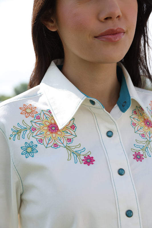 Cruel Girl Denim Women's Eggshell Floral Embroidered Pearl Snap Long Sleeve Western Shirt CTW7529003