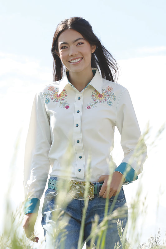 Cruel Girl Denim Women's Eggshell Floral Embroidered Pearl Snap Long Sleeve Western Shirt CTW7529003