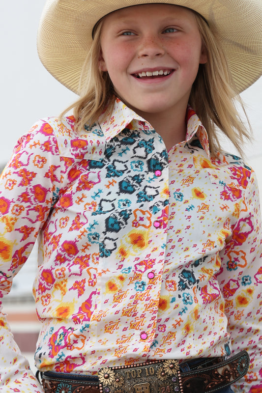 Cruel Denim Girl's Cream Bold Abstract Print Rhinestone Snap Long Sleeve Western Shirt CTW8040017