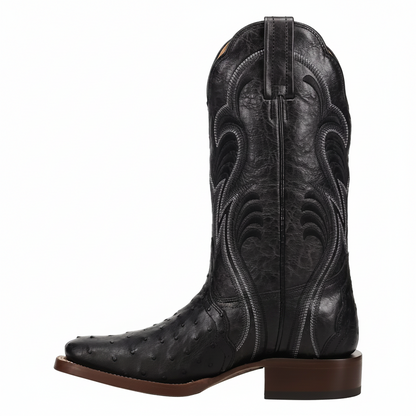 Dan Post Women's Reese Black Full Quill Ostrich Broad Square Toe Cowgirl Boots DP5284