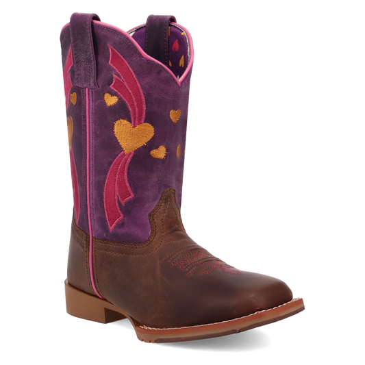 Dan Post Children Girl's Brown & Purple Top Embroidered Hearts Broad Square Toe Cowgirl Boots DPC4023
