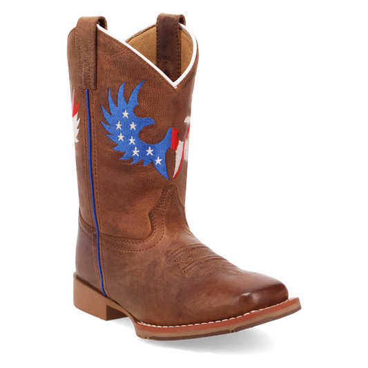 Dan Post Children/Youth Brown 'Freedom Flight' Embroidered Leather Broad Square Toe Western Cowboy Boots DPC4025 DPC5025