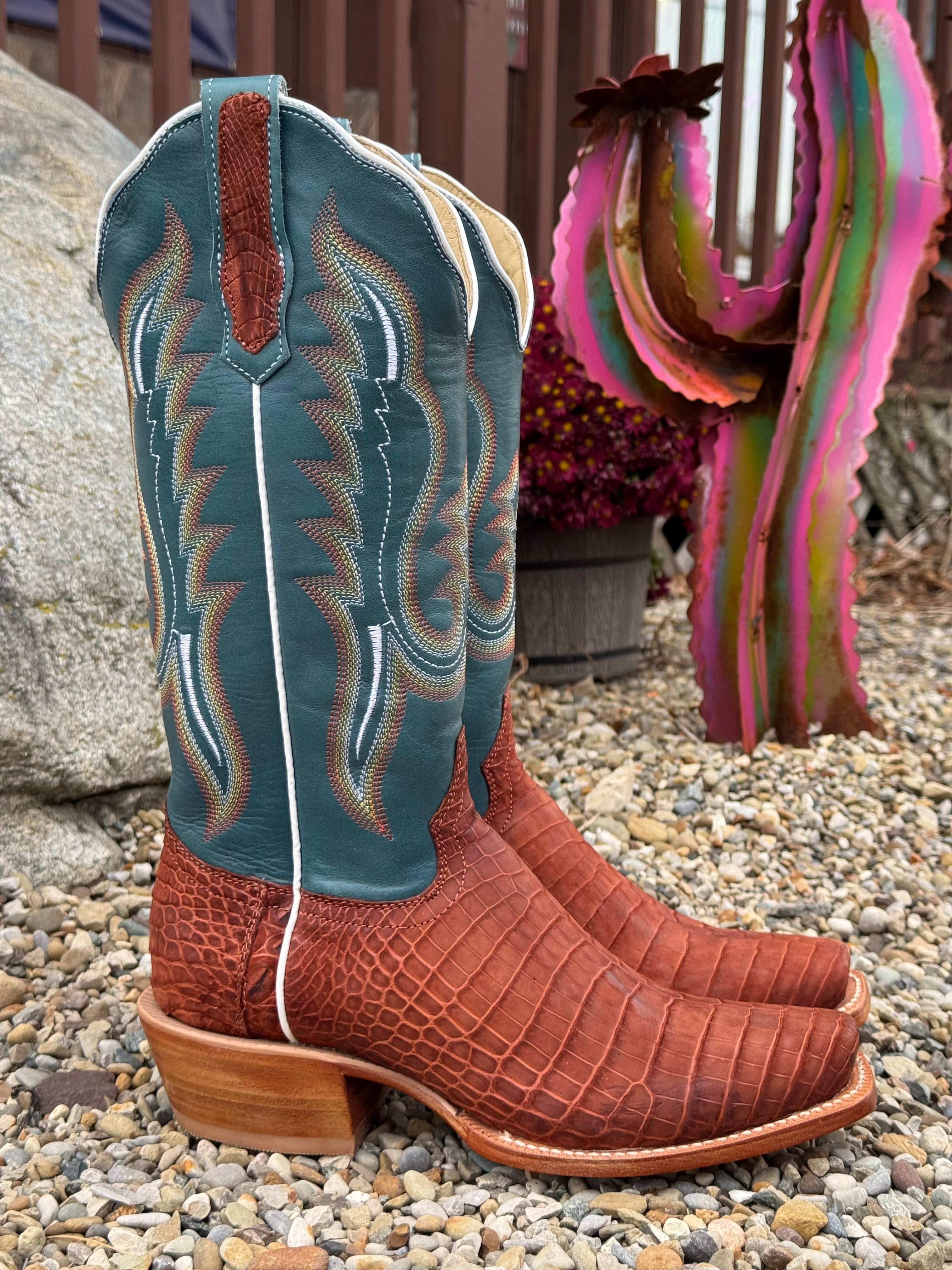 R. Watson Women's Cognac Sueded Nile Crocodile Cutter Toe Cowgirl