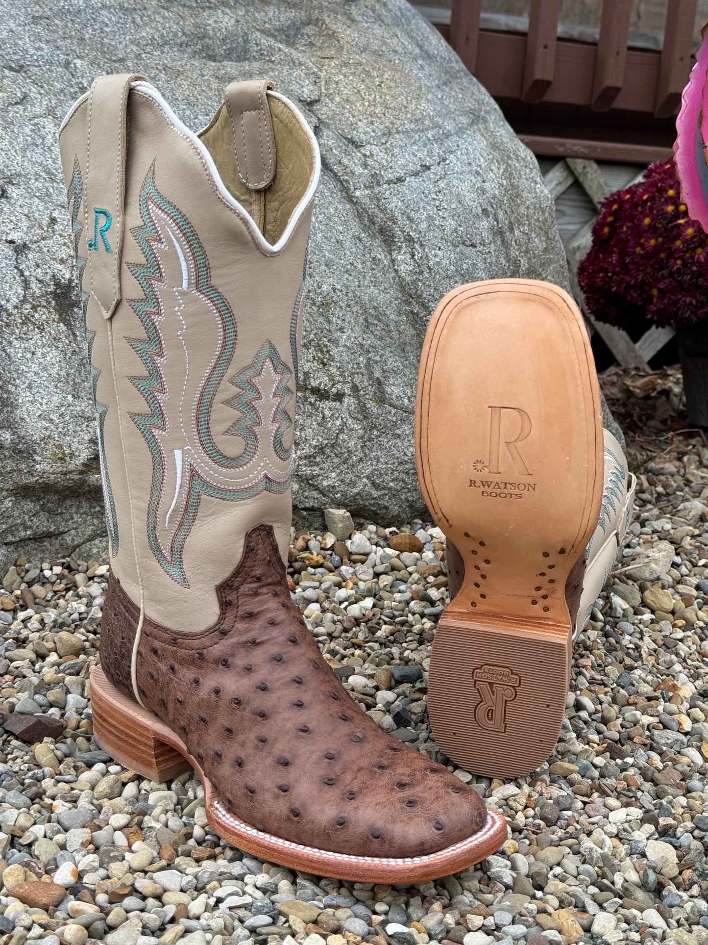 R. Watson Women's Kango Tobacco Bruciato Full Quill Ostrich Square Toe Western Cowgirl Boots RWL4301-2