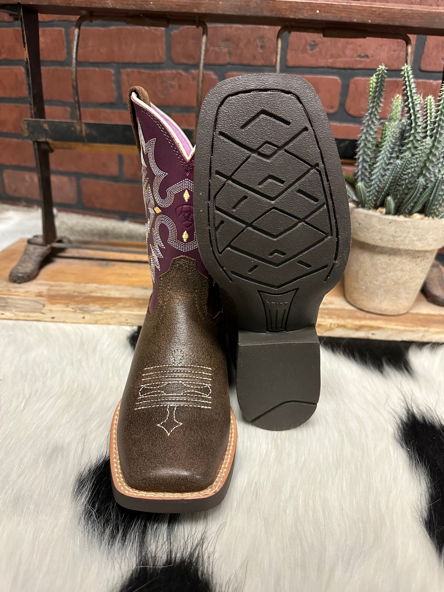 Ariat Children s Youth Tombstone Brown Purple Square Toe Western Cowboy Boot 10015390 Painted Cowgirl Western Store