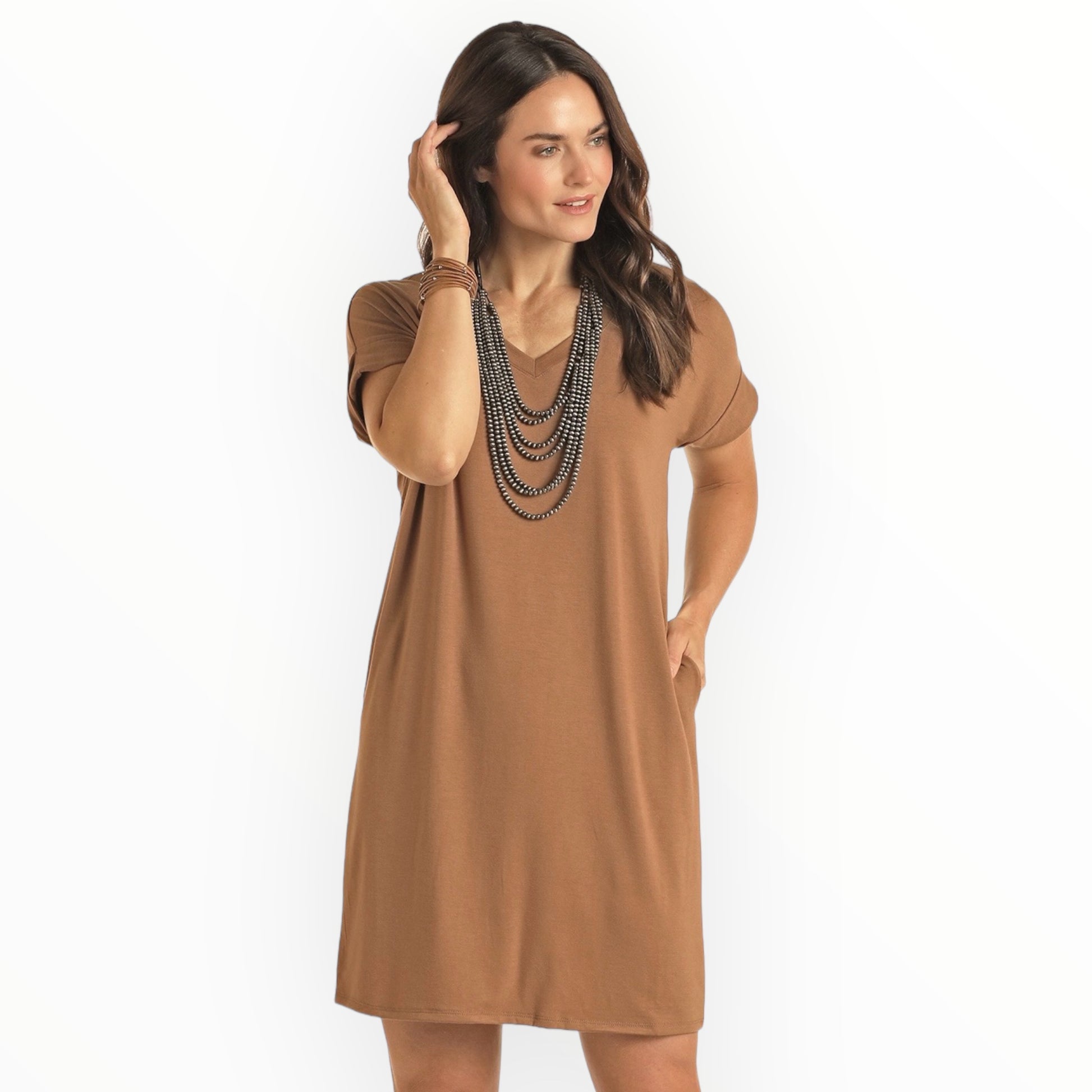 Panhandle Women's Camel Brown V-Neck Rolled Sleeve Tee Dress LWD1R04857 | Painted Cowgirl Western Store Panhandle Women's Camel Brown V-Neck Rolled Sleeve Tee Dress LWD1R04857 | Painted Cowgirl Western Store