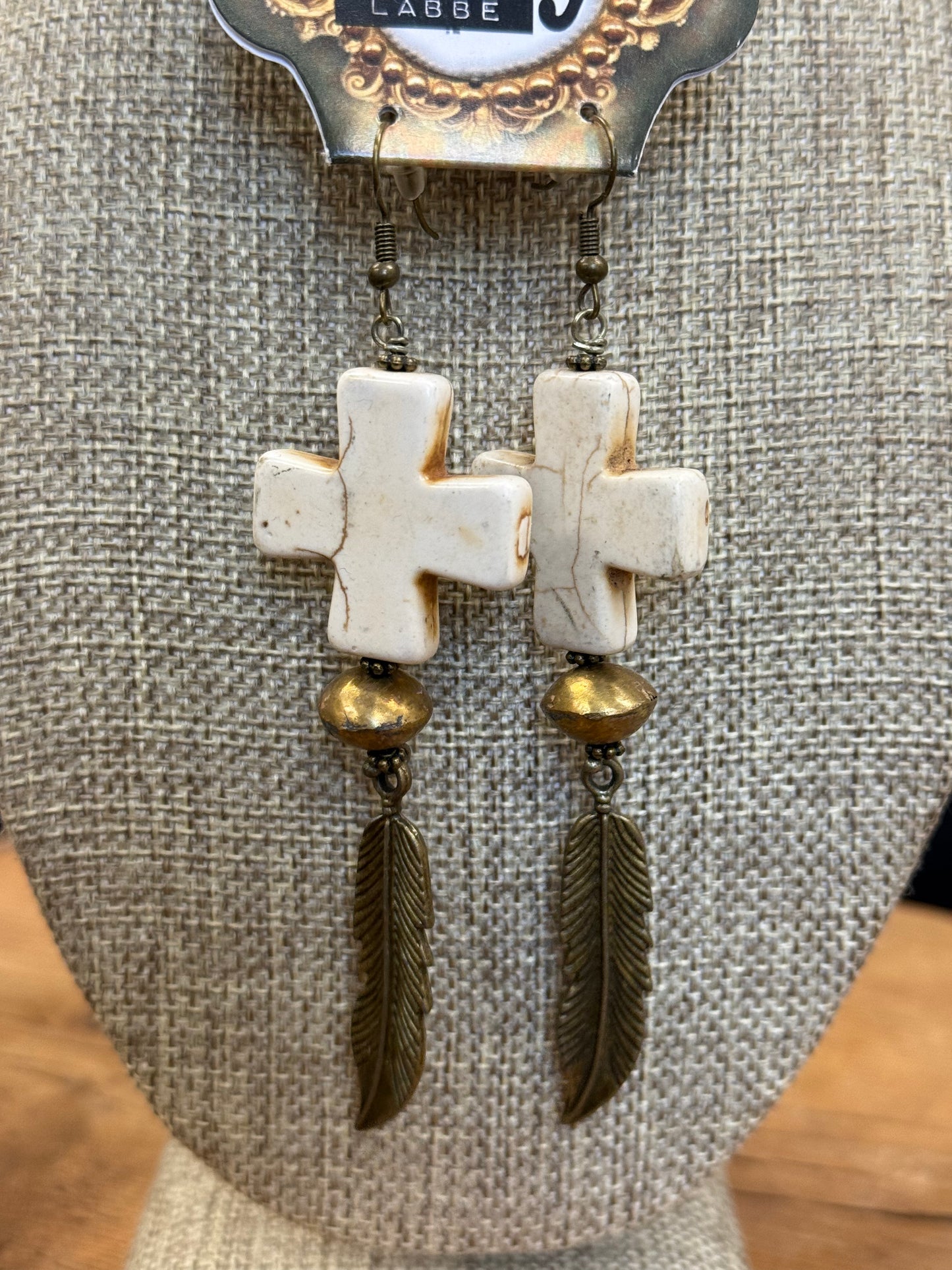 Art By Amy Brass-Toned Feather & Cross Stone Dangle Earrings