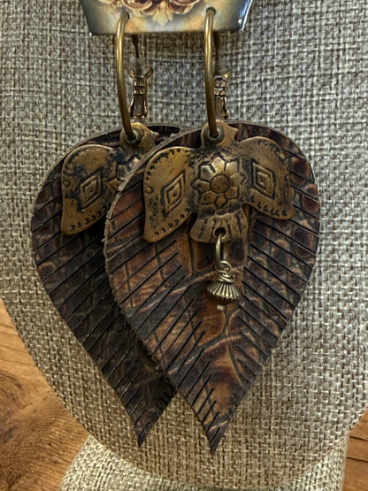 Art By Amy Leather Embossed Feather & Metal Accent Dangle Earrings