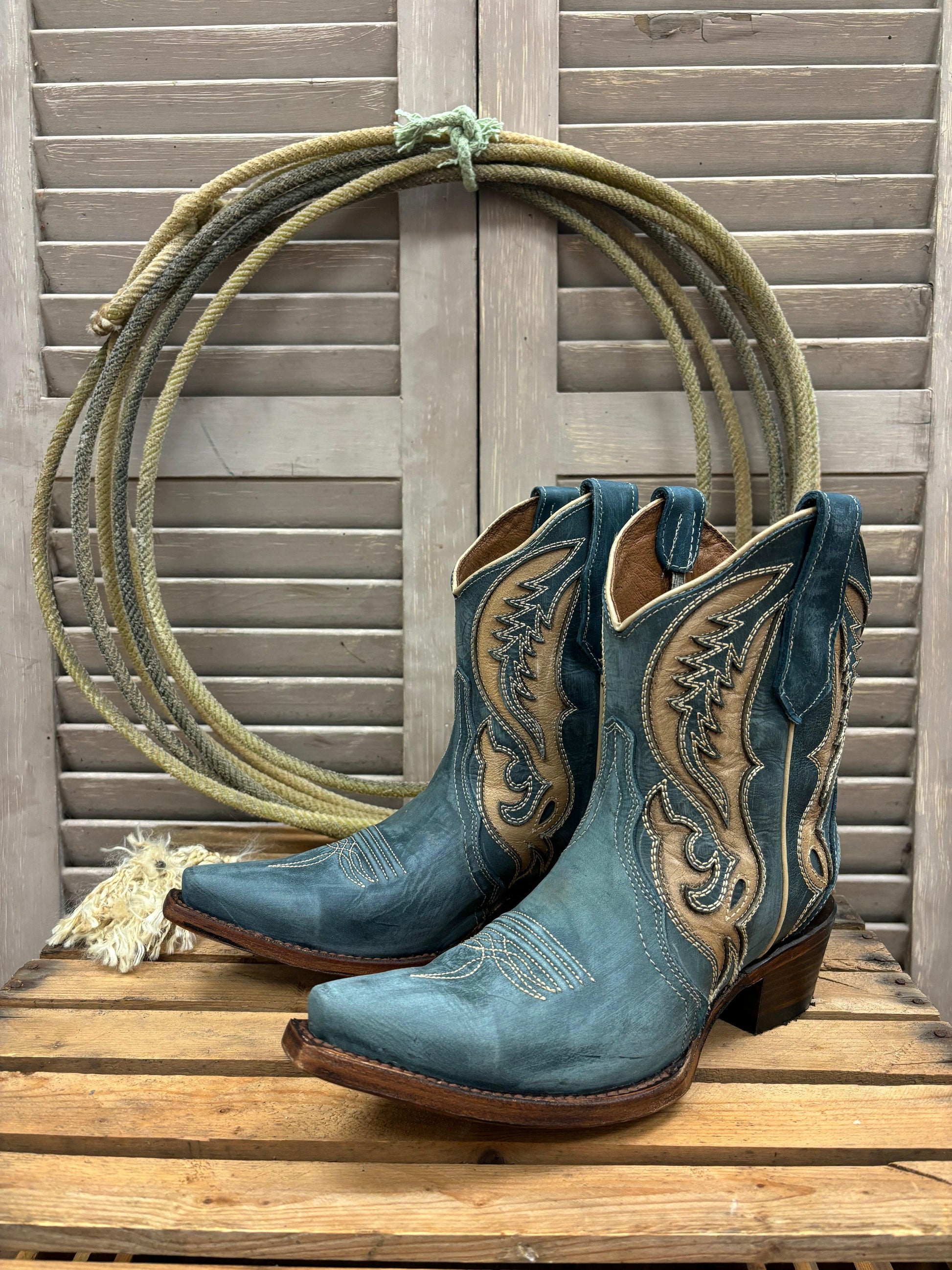 Circle G Women's Distressed Blue & Tan Inlay Cowgirl Ankle Boots L6089 | Painted Cowgirl Western Store Circle G Women's Distressed Blue & Tan Inlay Cowgirl Ankle Boots L6089 | Painted Cowgirl Western Store