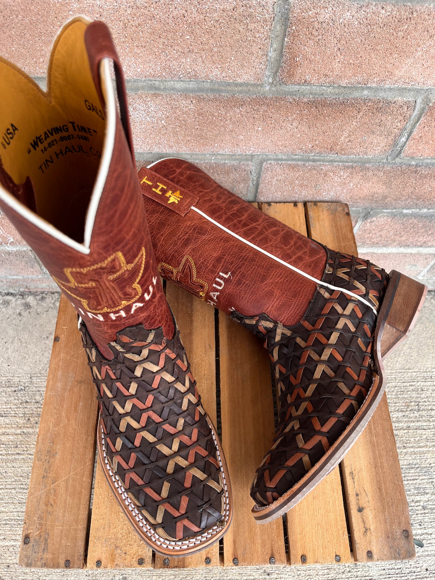 Tin Haul Women s Weaving Time Brown Rust Basketweave Cowgirl Boots 0007 1481 Painted Cowgirl Western Store