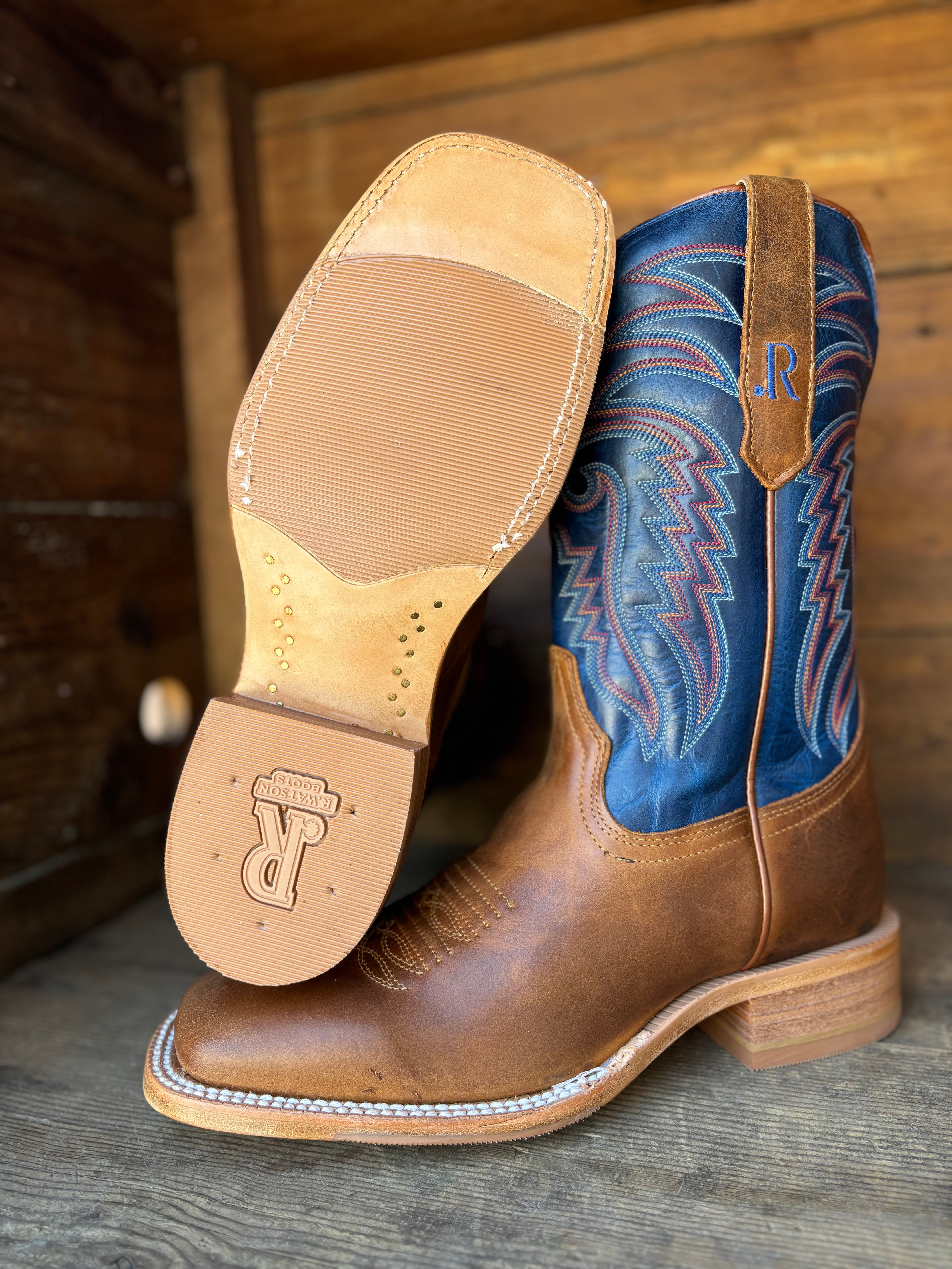 R. Watson Men's Honey Brown & Electric Blue Square Toe Cowboy