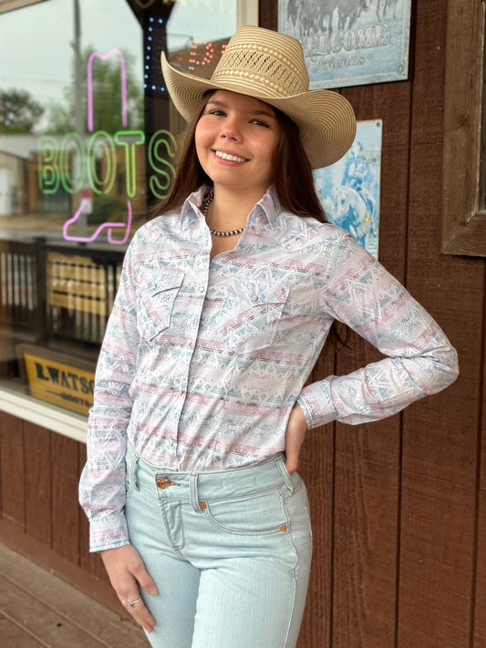 Panhandle Slim Women's White Aztec Medallion Stripe Pearl Snap Long Sleeve Western Shirt RWN2S08949