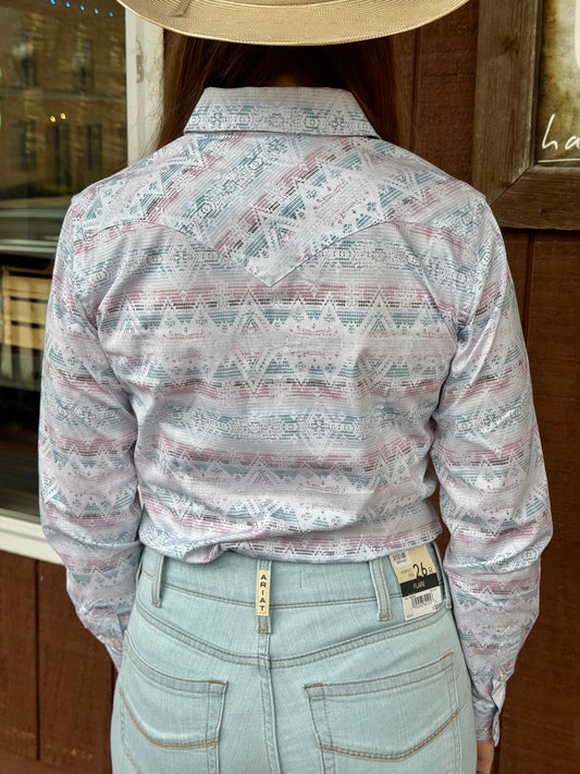 Panhandle Slim Women's White Aztec Medallion Stripe Pearl Snap Long Sleeve Western Shirt RWN2S08949