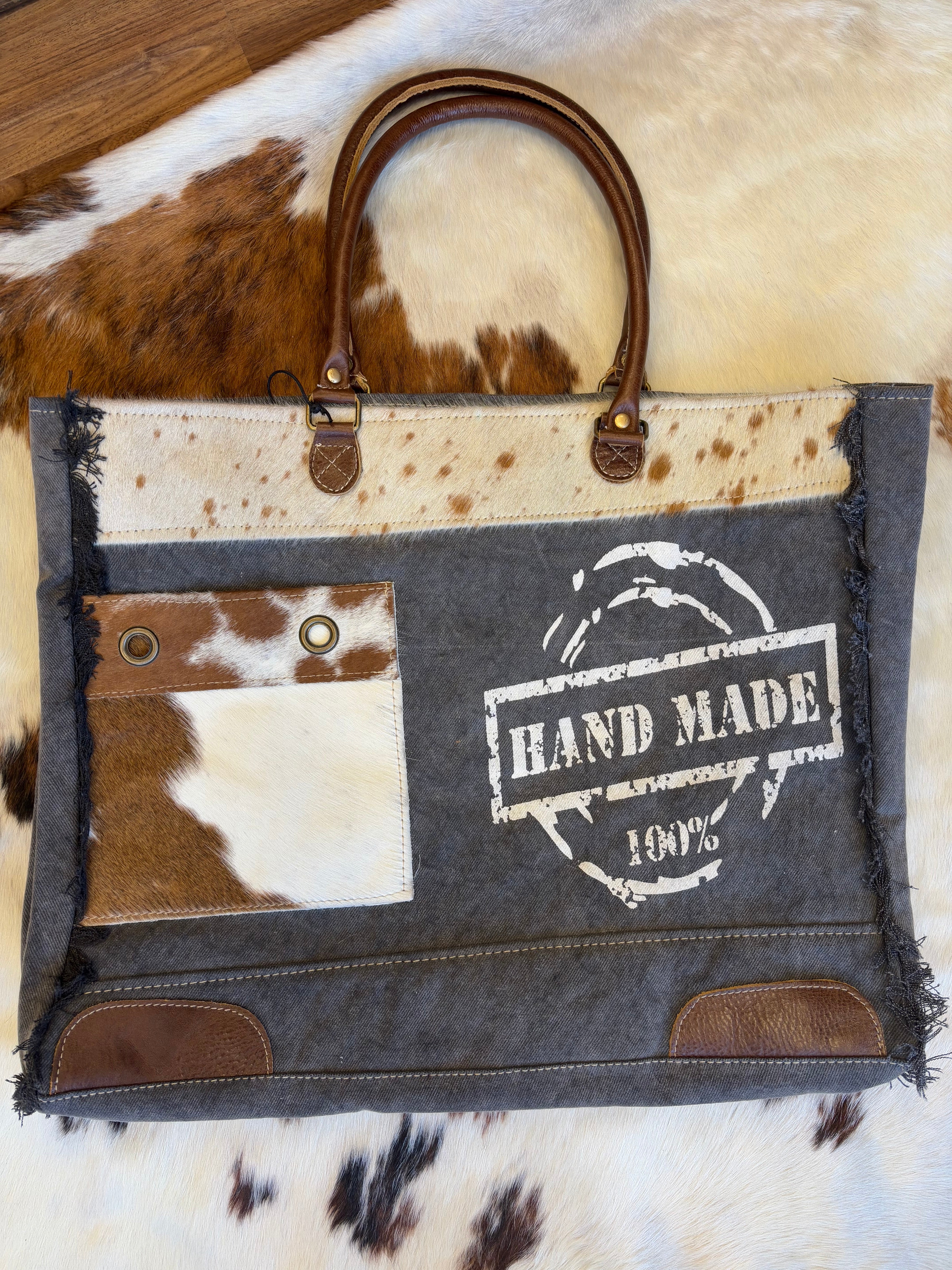 Myra Bag Grey 100% Handmade Print Canvas & Cowhide Hair-On 