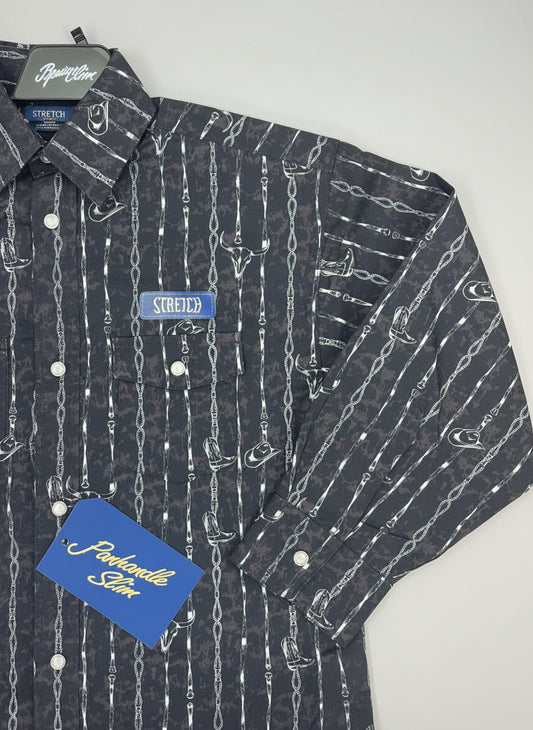 Panhandle Slim Boy's Black Western Barbwire Print Stripe Woven Pearl Snap Up Long Sleeve Western Shirt RBN2S07588