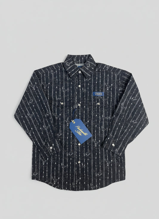 Panhandle Slim Boy's Black Western Barbwire Print Stripe Woven Pearl Snap Up Long Sleeve Western Shirt RBN2S07588