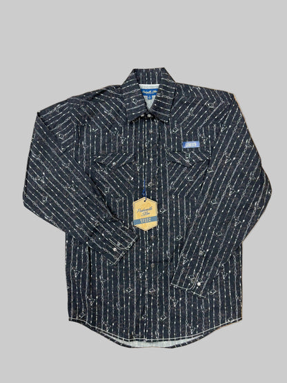 Panhandle Slim Men's Black Western Barbwire Stripe Print Pearl Snap Long Sleeve Western Shirt RMN2S07588