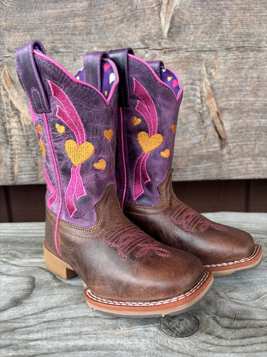 Dan Post Children Girl's Brown & Purple Top Embroidered Hearts Broad Square Toe Cowgirl Boots DPC4023
