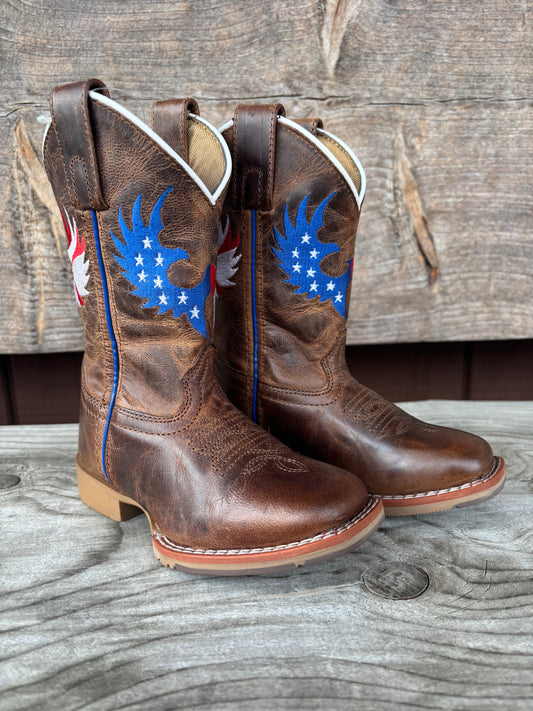 Dan Post Children/Youth Brown 'Freedom Flight' Embroidered Leather Broad Square Toe Western Cowboy Boots DPC4025 DPC5025