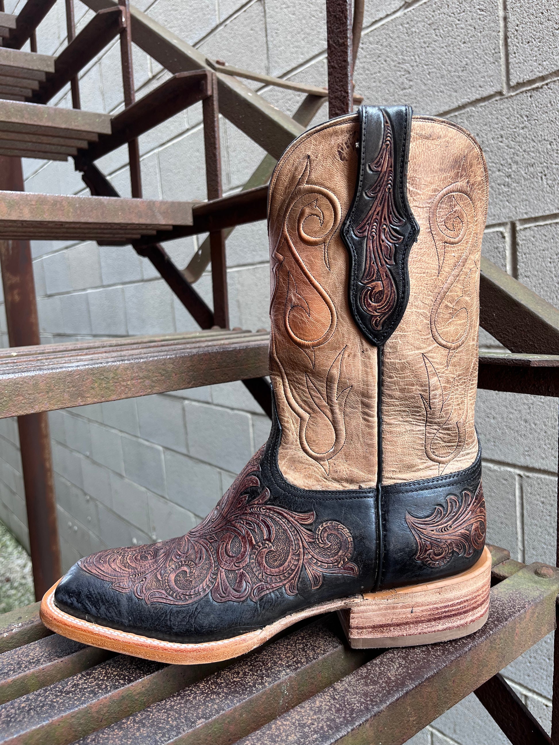 Black Jack Men s Chocolate Tandy Black Hand Tooled Goat Pearl Maddog Square Toe Cowboy Boots HT313 96 Painted Cowgirl Western Store