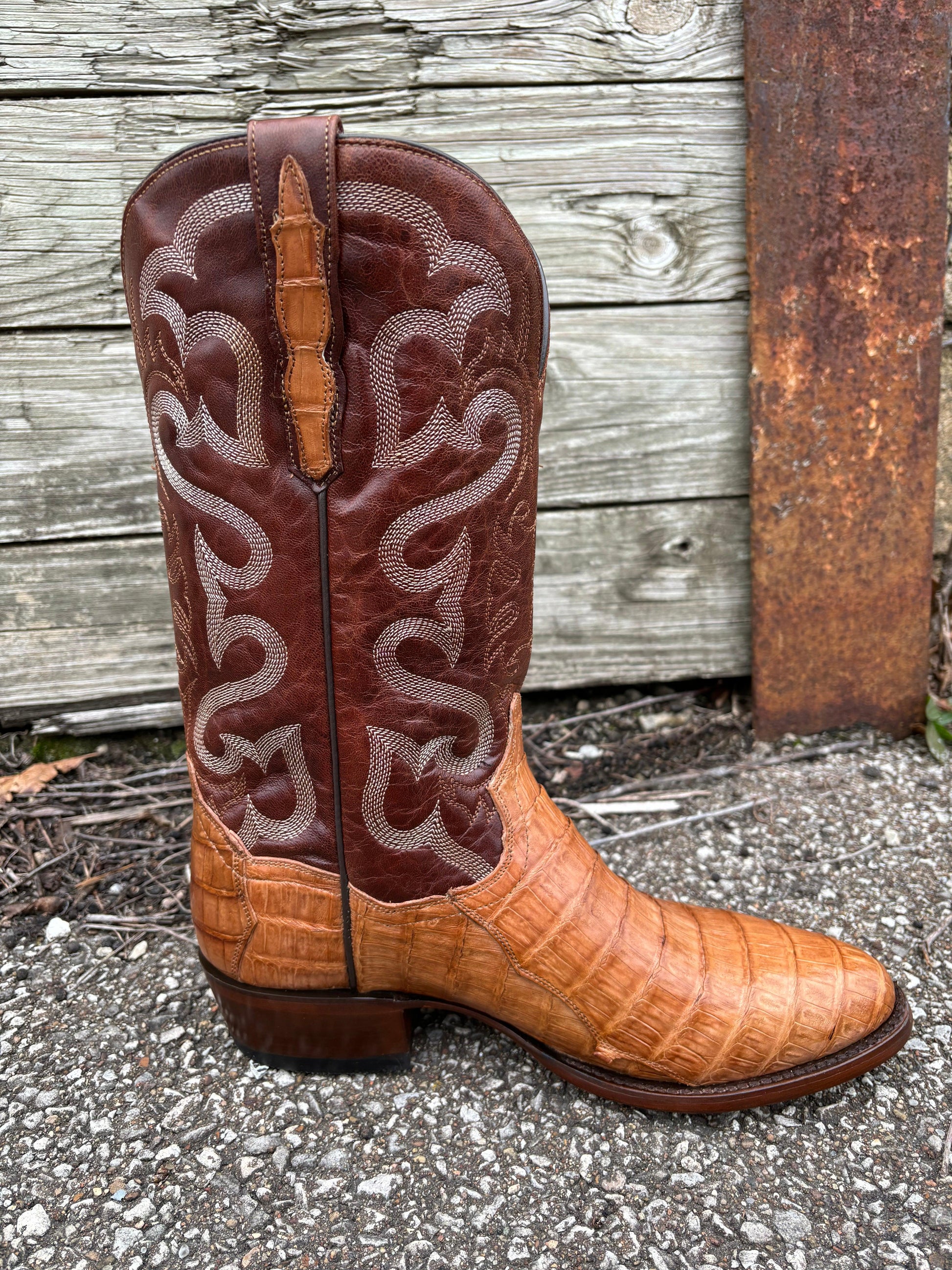 Dan Post Men's Tan Caiman & Mahogany Top Primetime Round Toe Cowboy Boots DP3096 Dan Post Men's Tan Caiman & Mahogany Top Primetime Round Toe Cowboy Boots DP3096