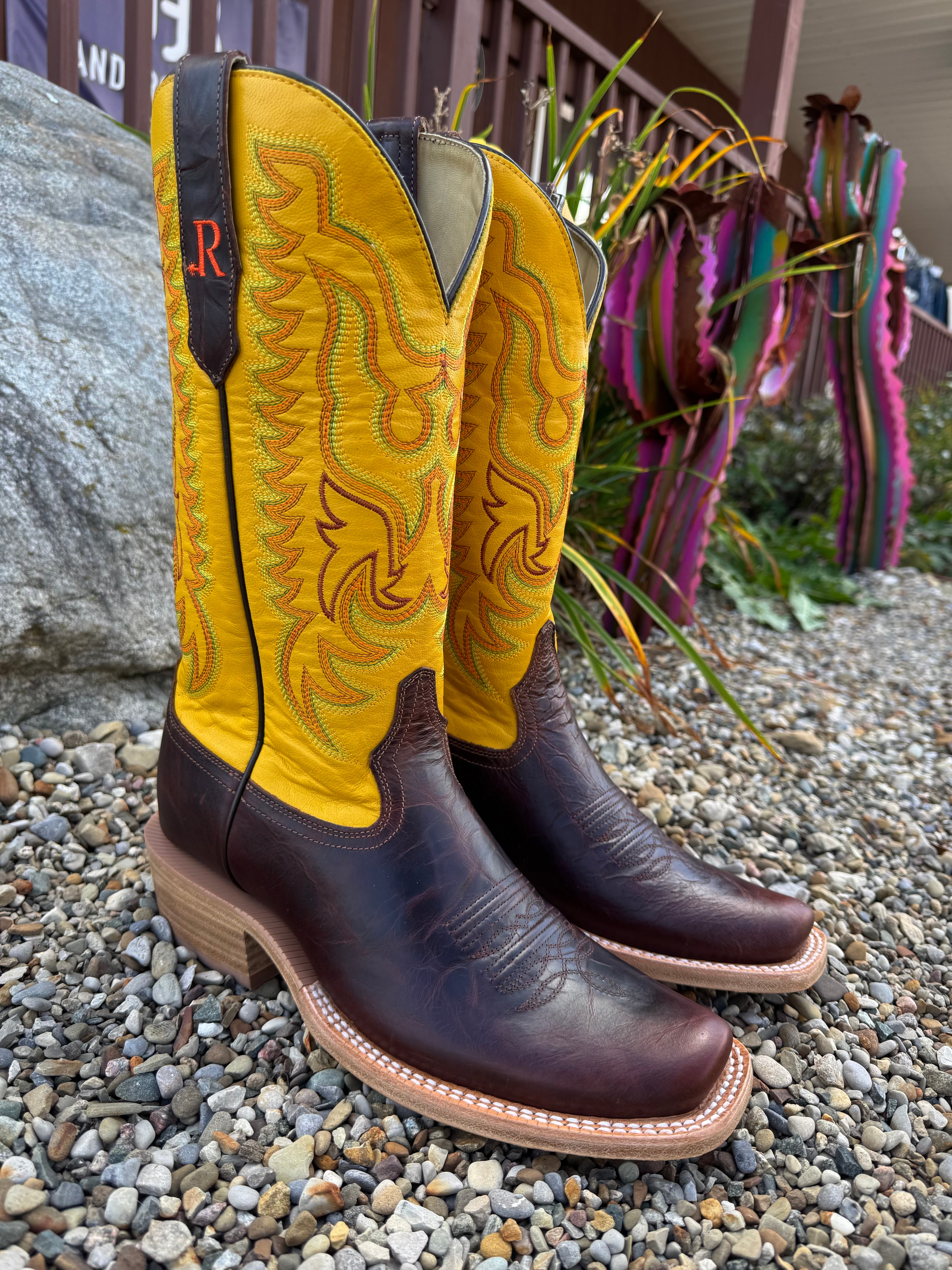 R. Watson Men's Pecan (Dark Brown) Cowhide & Yellow Top Narrow