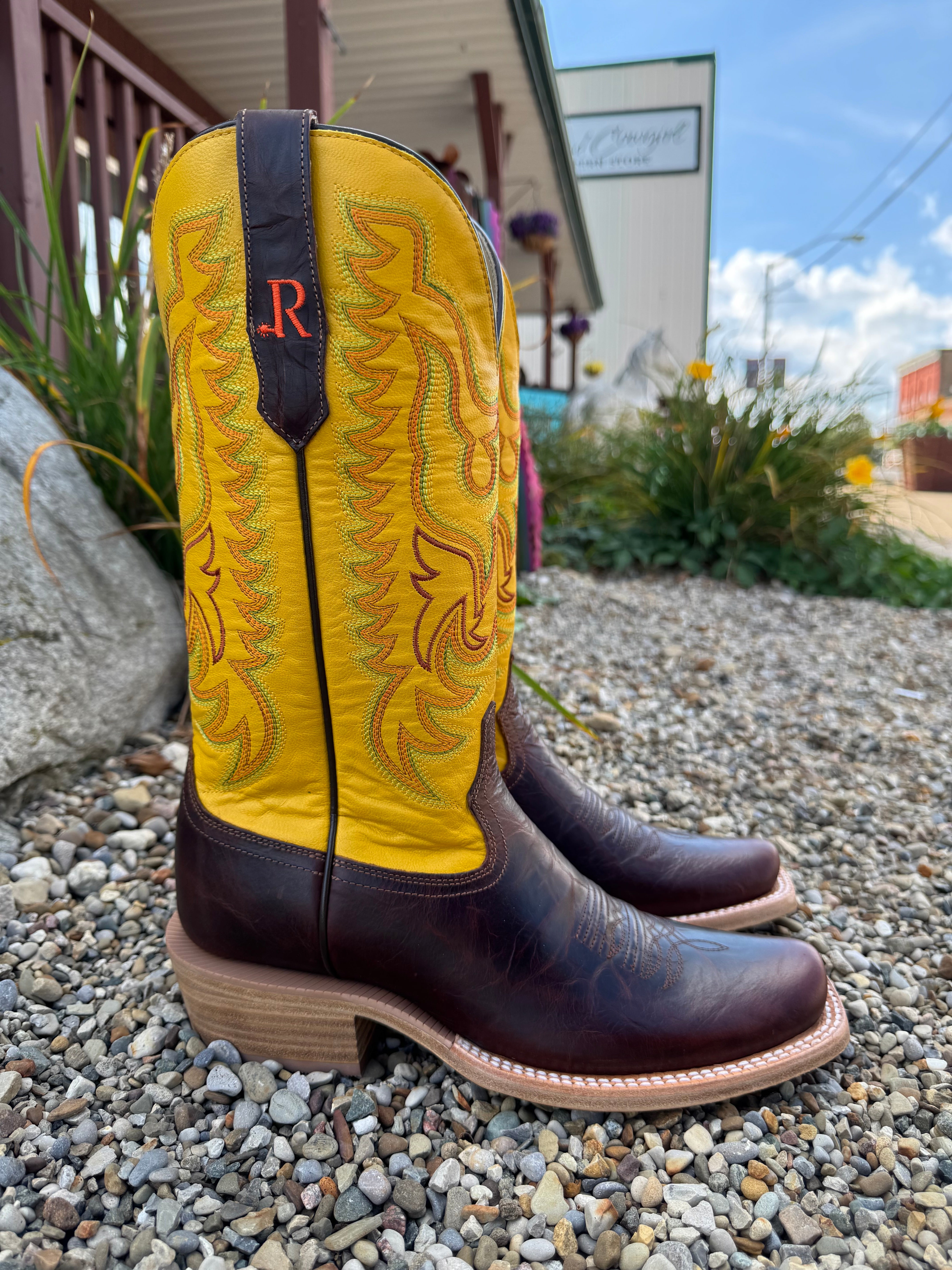 R. Watson Men's Pecan (Dark Brown) Cowhide & Yellow Top Narrow