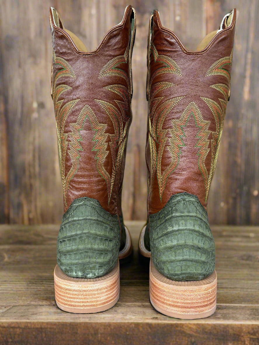 R. Watson Men's Nubuck Olive Green Caiman Square Toe Western