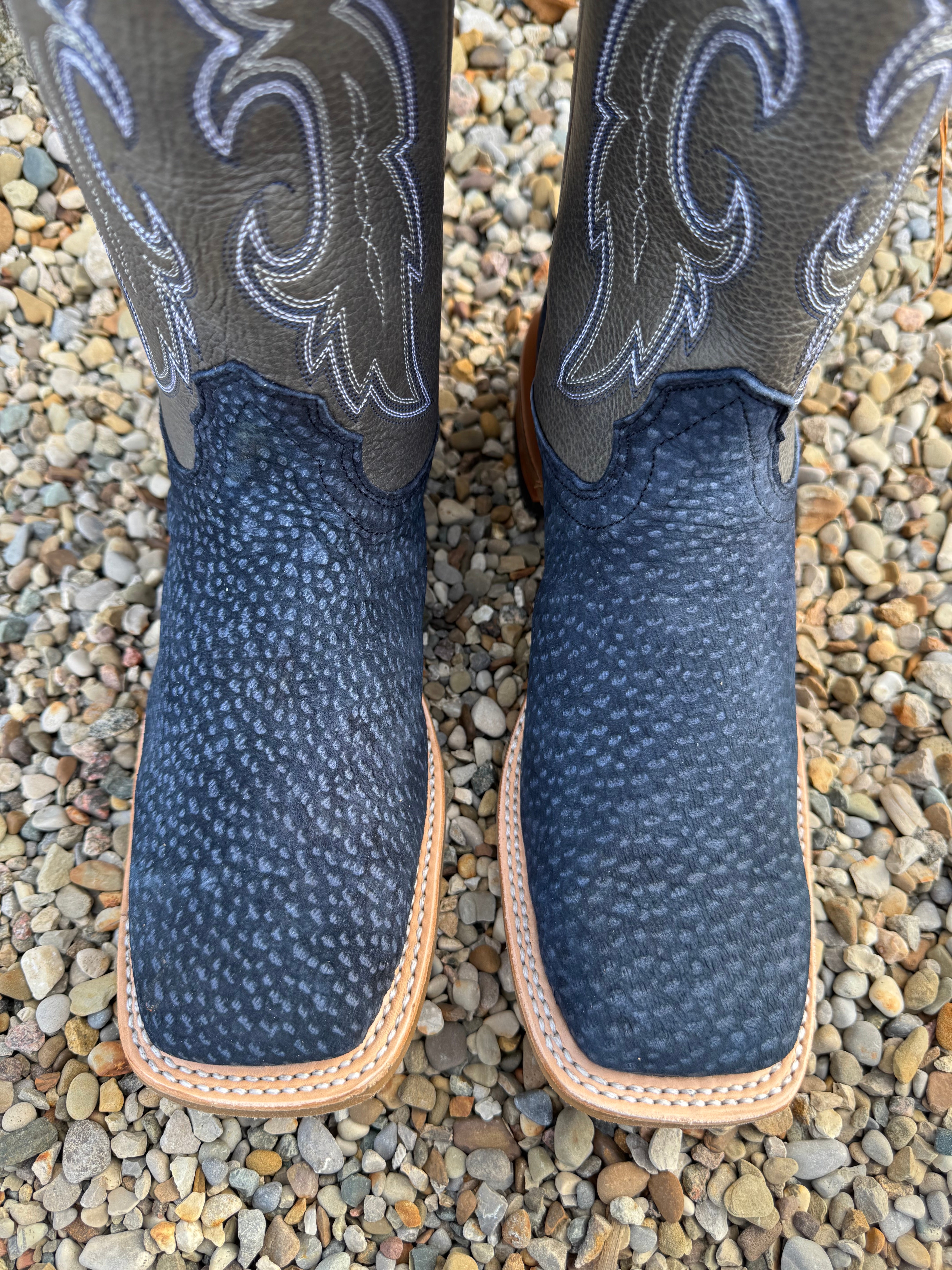 maringo❤︎ Fenoglio Men's Navy Carpincho with Grey Top Square Toe Cowboy Boot