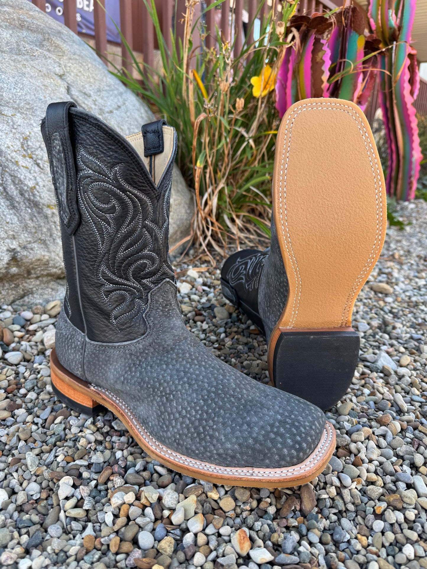 Fenoglio Men’s Grey Carpincho with Black Top Square Toe Cowboy Boot FB09900004