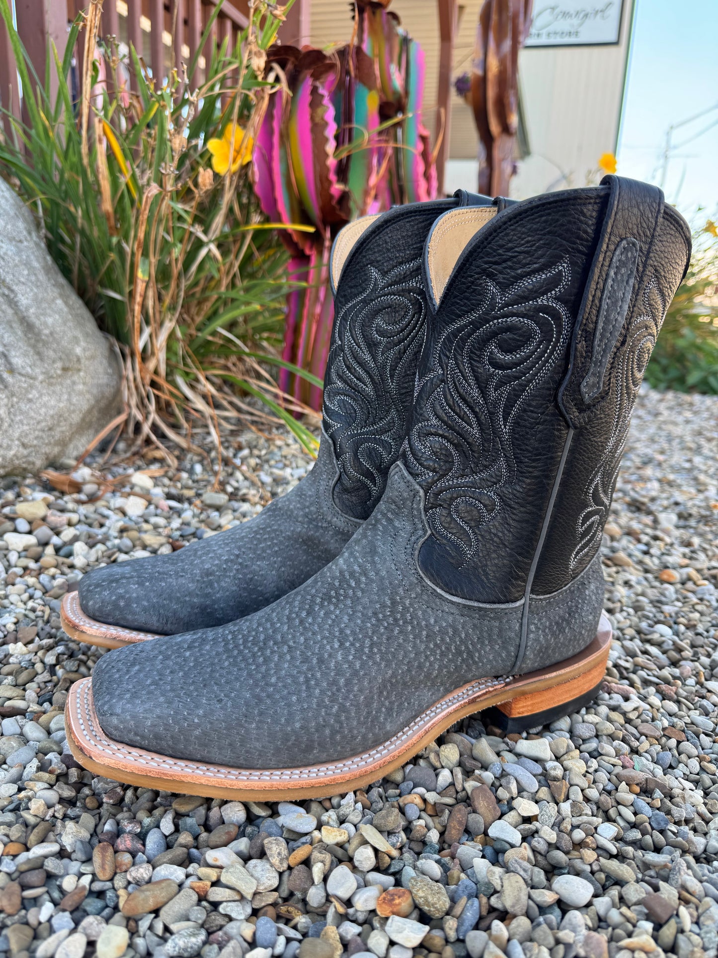 Fenoglio Men’s Grey Carpincho with Black Top Square Toe Cowboy Boot FB09900004