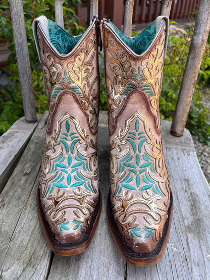 Corral Women s Golden Mirror Turquoise Ankle Cowgirl Boots C4006