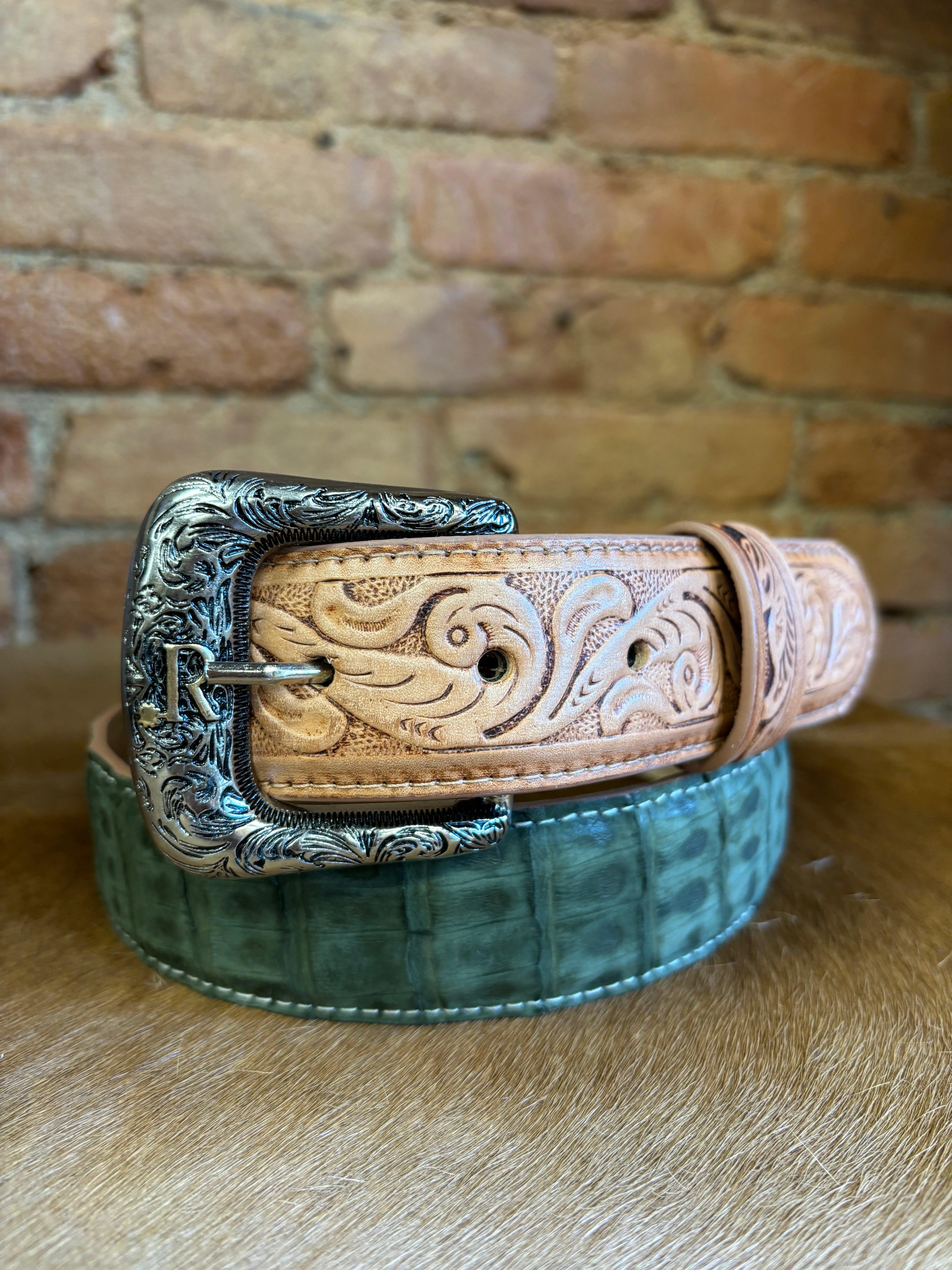 R. Watson Olive Nubuck Sueded Caiman with Natural Tanned Billets