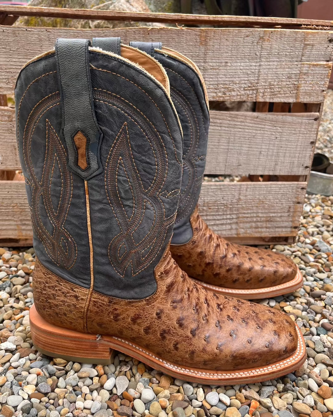 Corral Men's Blue and Orix Brown Full Quill Ostrich Square Toe