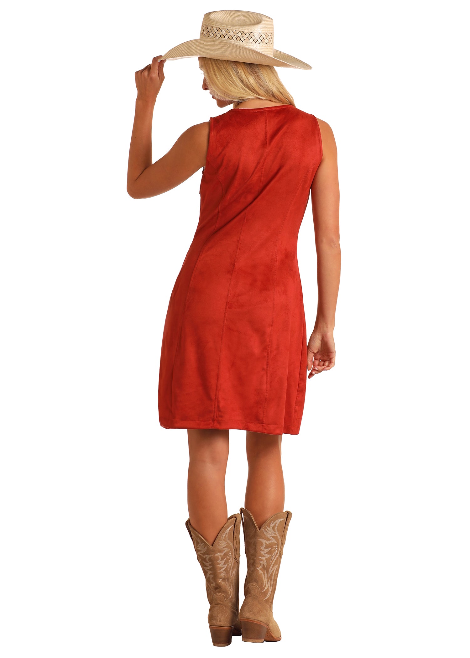 Panhandle Women's Red Rust Microsuede Fringed Western Embroidered Sleeveless Dress LWD0R05806 M