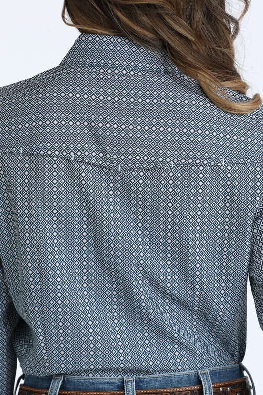 Cinch Women's ArenaFlex Blue Medallion Geo Print Pearl Snap Long Sleeve Western Shirt MSW9206006
