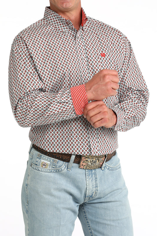 Cinch Men's Grey  & Red Geo Print Classic Fit Button Long Sleeve Western Shirt MTW1106093