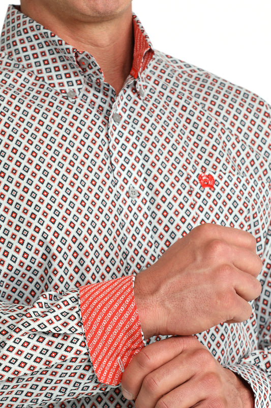Cinch Men's Grey  & Red Geo Print Classic Fit Button Long Sleeve Western Shirt MTW1106093
