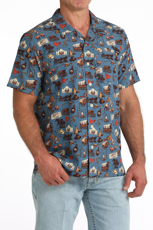 Cinch Men's Blue Old West Scene Print Short Sleeve Camp Shirt MTW1401056