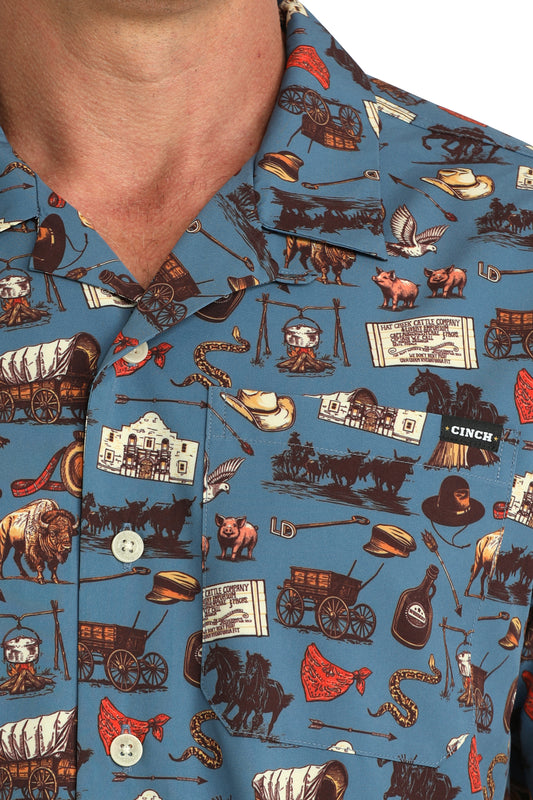 Cinch Men's Blue Old West Scene Print Short Sleeve Camp Shirt MTW1401056