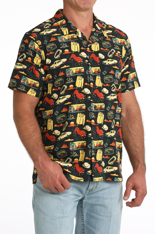 Cinch Men's Black Western Rodeo Travel Print Short Sleeve Camp Shirt MTW1401057