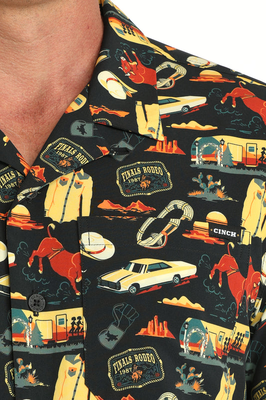 Cinch Men's Black Western Rodeo Travel Print Short Sleeve Camp Shirt MTW1401057