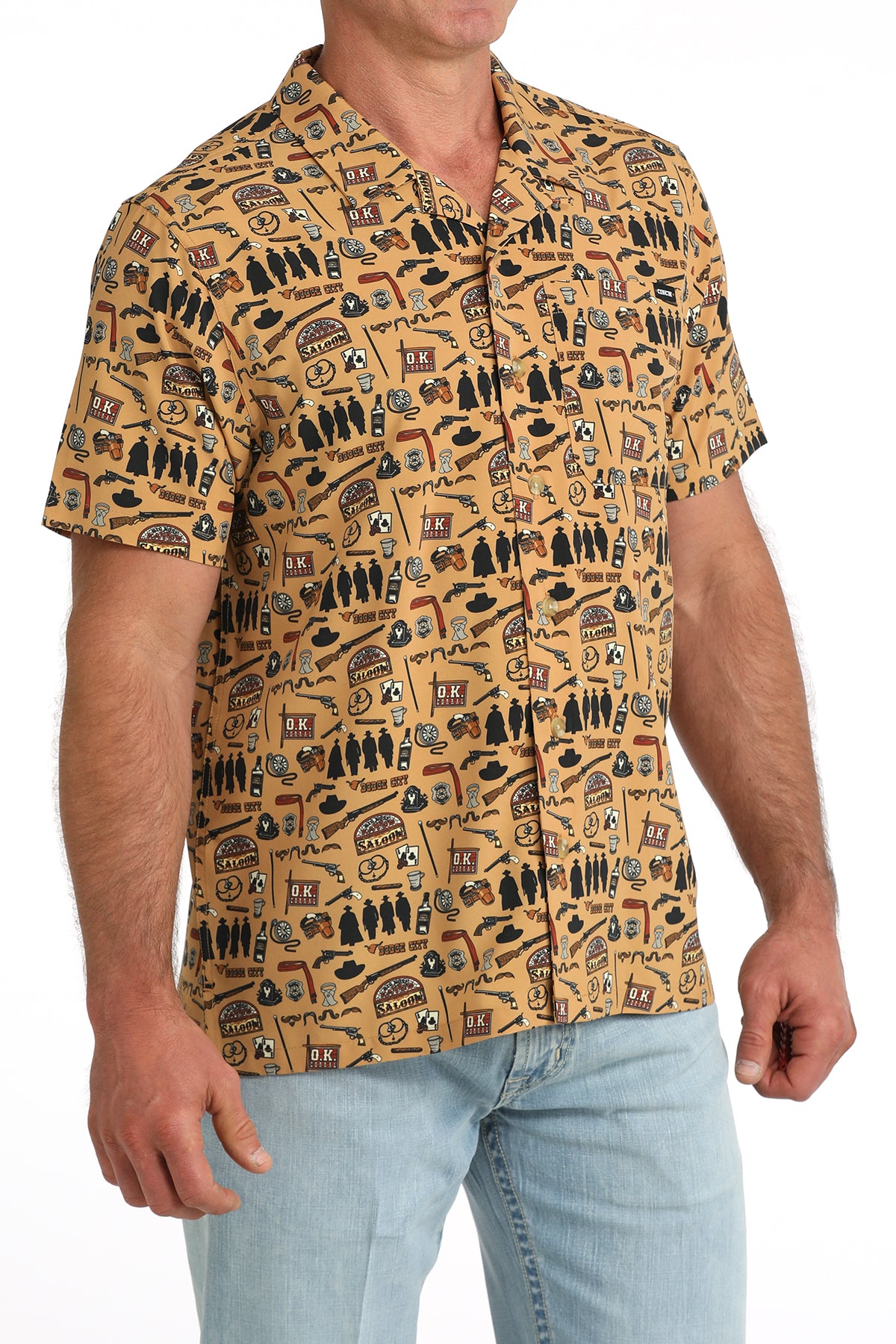 Cinch Men's Brown Western Outlaw Print Short Sleeve Camp Shirt
