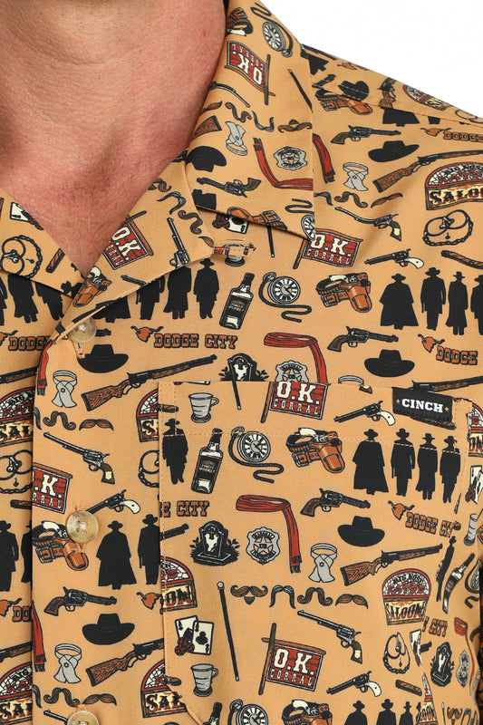 Cinch Men's Brown Western Outlaw Print Short Sleeve Camp Shirt MTW1401058 MTW140158X