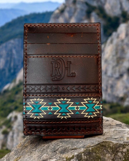 Red Dirt Hat Co. Chestnut Brown w/ Southwest Design Leather Money Clip Card Case 24068875M1-Painted Cowgirl Western Store