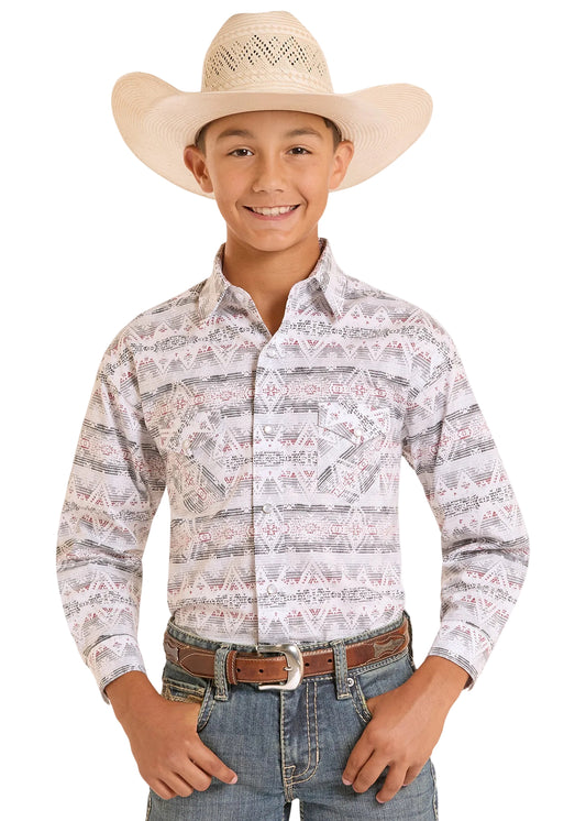 Rock & Roll Cowboy Boy's White Aztec Stripe Print Woven Snap Up Long Sleeve Western Shirt BBN2S08935